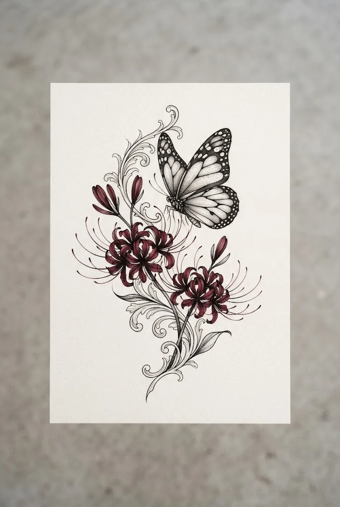 Dark Red Spider Lily and Butterfly — lily and butterfly tattoo style outfit