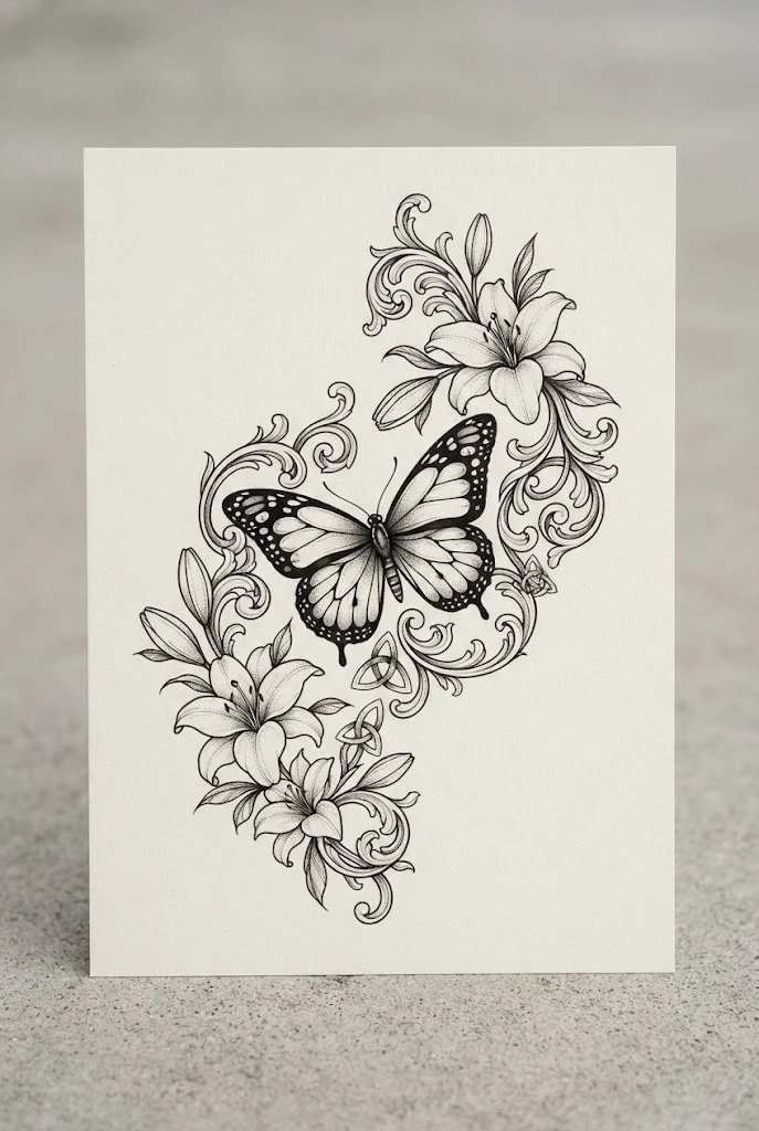 Bold Neo-Traditional Statement — lily and butterfly tattoo style outfit