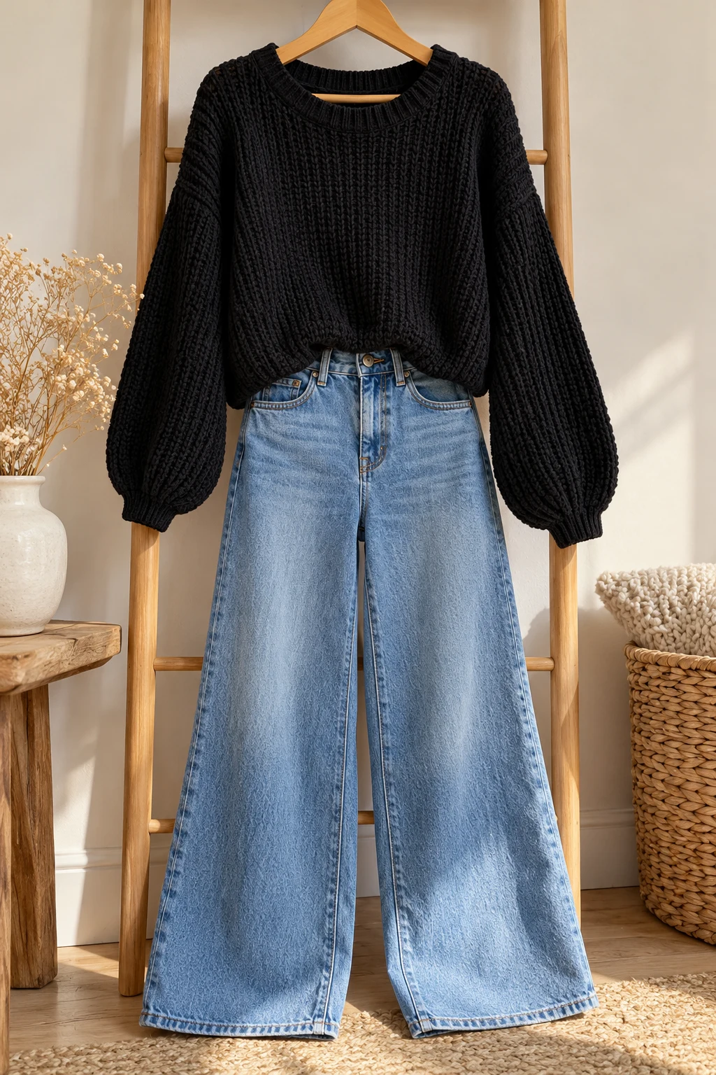 The Classic Black Long Sleeve and Wide-Leg Jeans — long sleeves outfit aesthetic