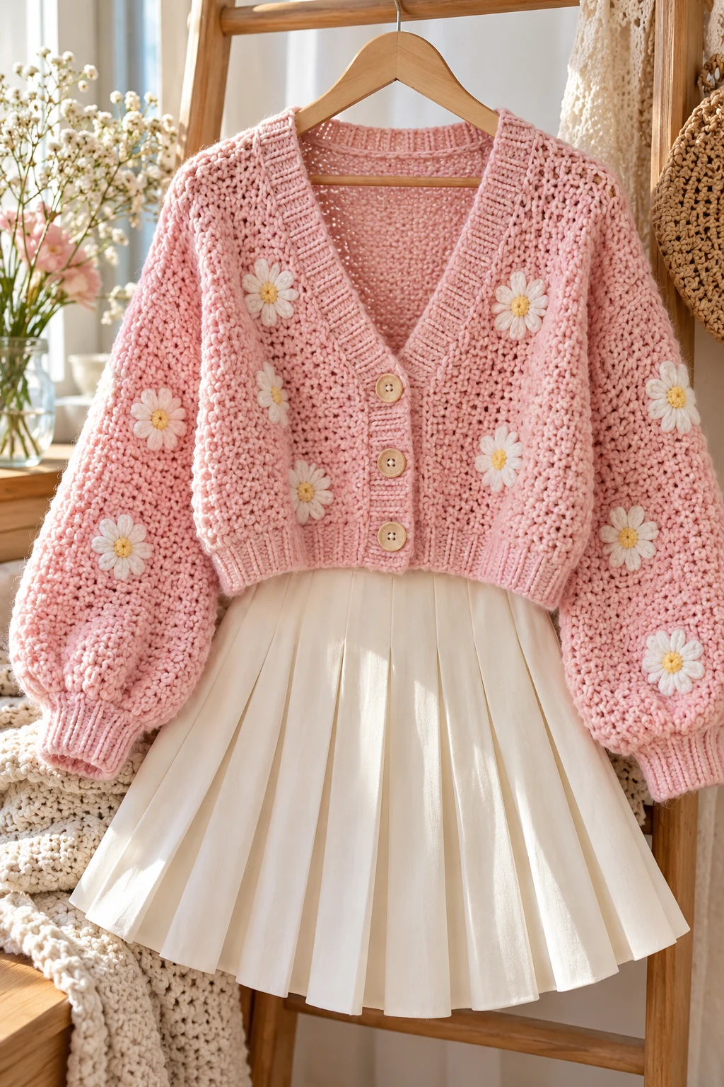 The Soft Girl Pink Cardigan and Pleated Skirt — long sleeves outfit aesthetic