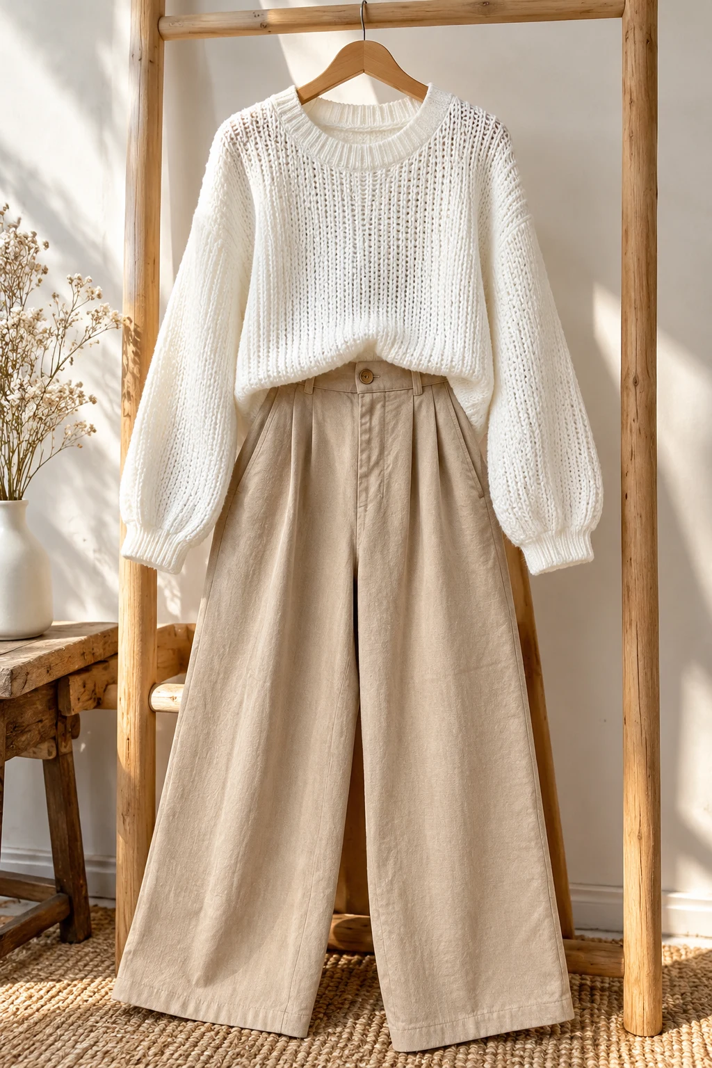 The Minimalist White Long Sleeve and Beige Trousers — long sleeves outfit aesthetic