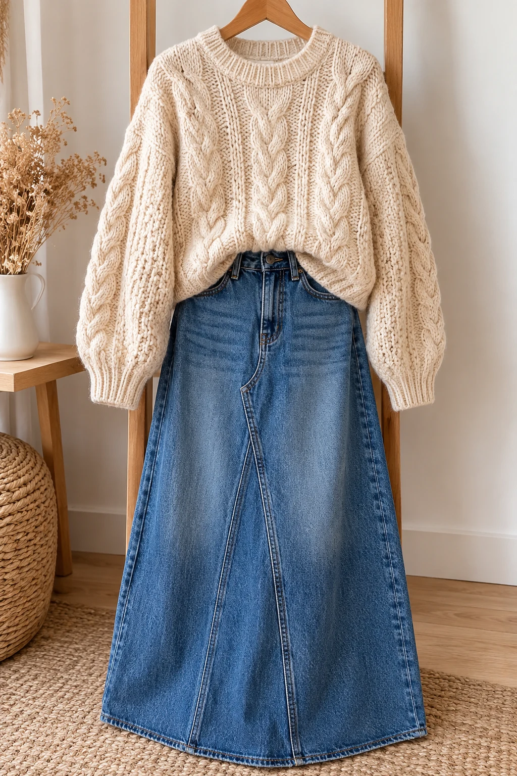 The Cozy Cable-Knit Sweater and Denim Maxi Skirt — long sleeves outfit aesthetic