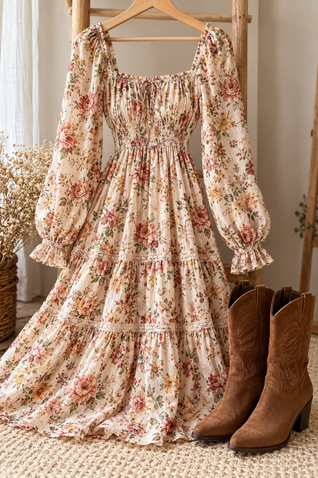 The Romantic Long Sleeve Floral Dress and Boots — long sleeves outfit aesthetic