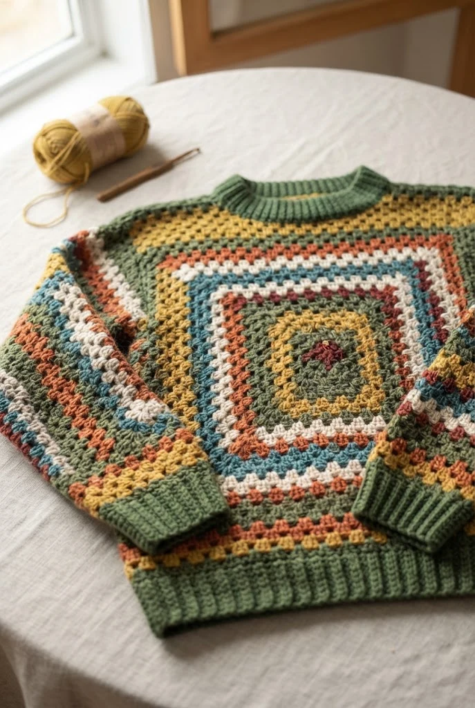 Classic Granny Square Pullover — loose crochet sweater pattern style outfit