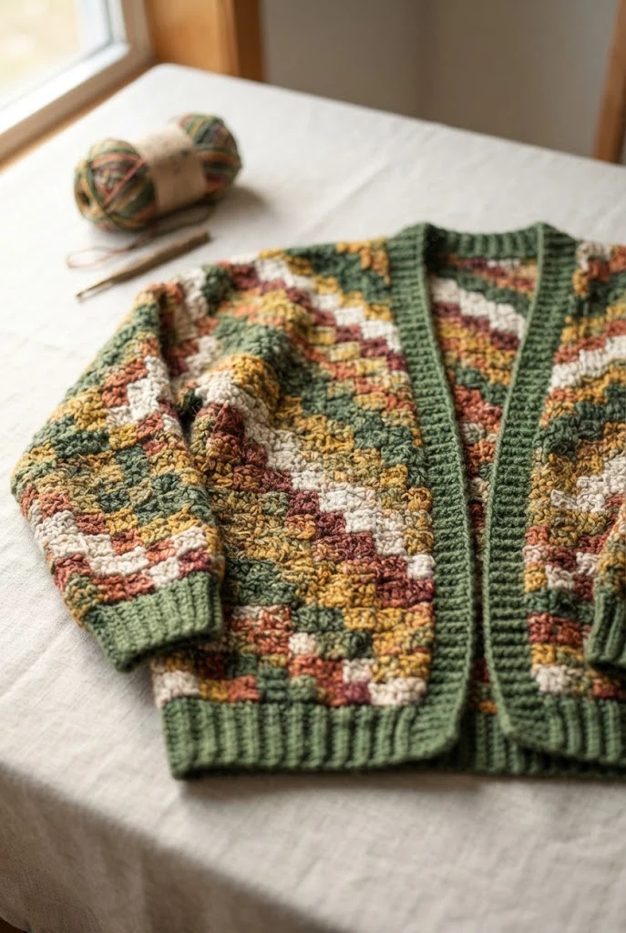 ## 16. Diagonal Corner-to-Corner Cardigan — loose crochet sweater pattern style outfit