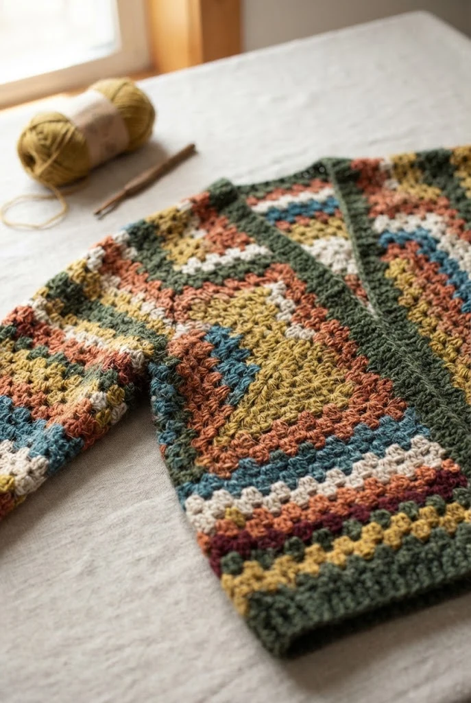 Classic Hexagon Cardigan — loose crochet sweater pattern style outfit
