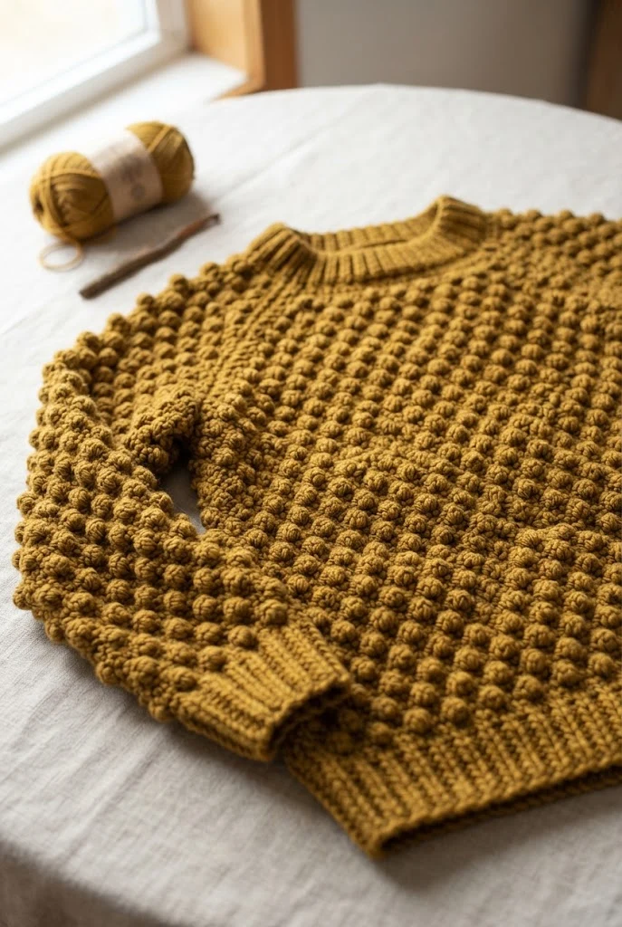 Textured Bobble Stitch Crewneck — loose crochet sweater pattern style outfit