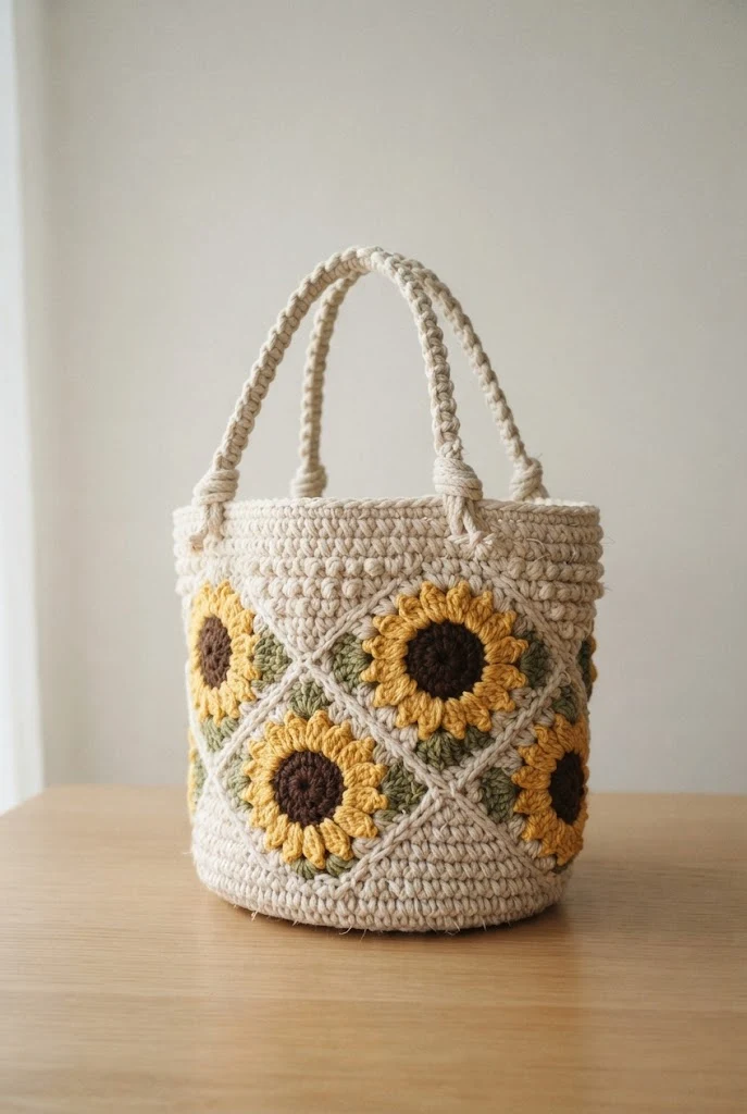 Sunflower Motif Summer Basket — macrame crochet bag style outfit
