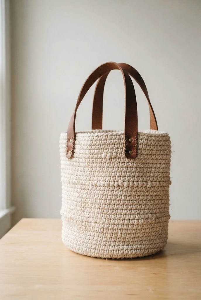 Leather-Accented Rustic Tote — macrame crochet bag style outfit