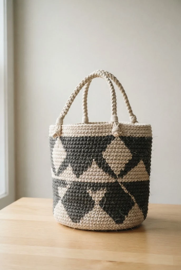 Two-Tone Geometric Tapestry Tote — macrame crochet bag style outfit