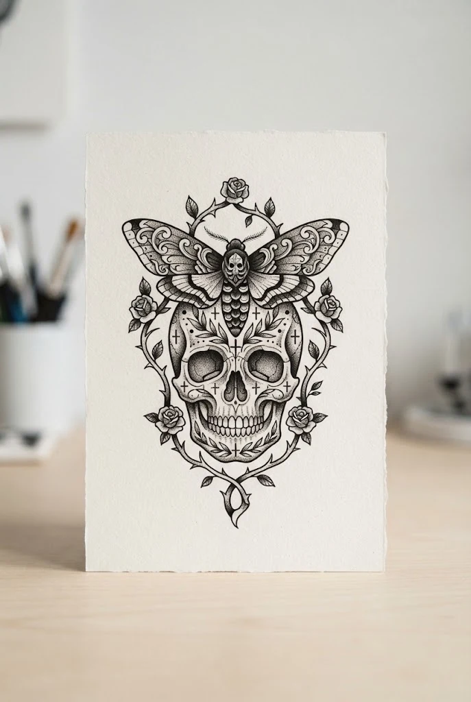 Neo-Traditional Skull and Moth — male butterfly tattoo style outfit, worn by a stylish man