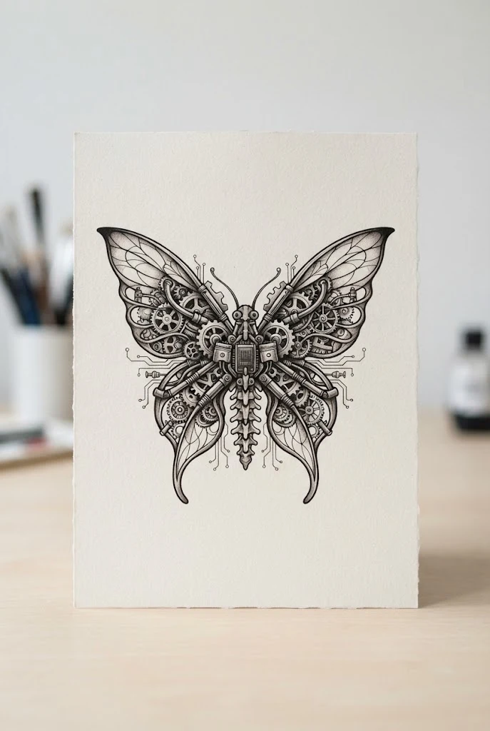 Biomechanical Exposed Gear Wings — male butterfly tattoo style outfit, worn by a stylish man