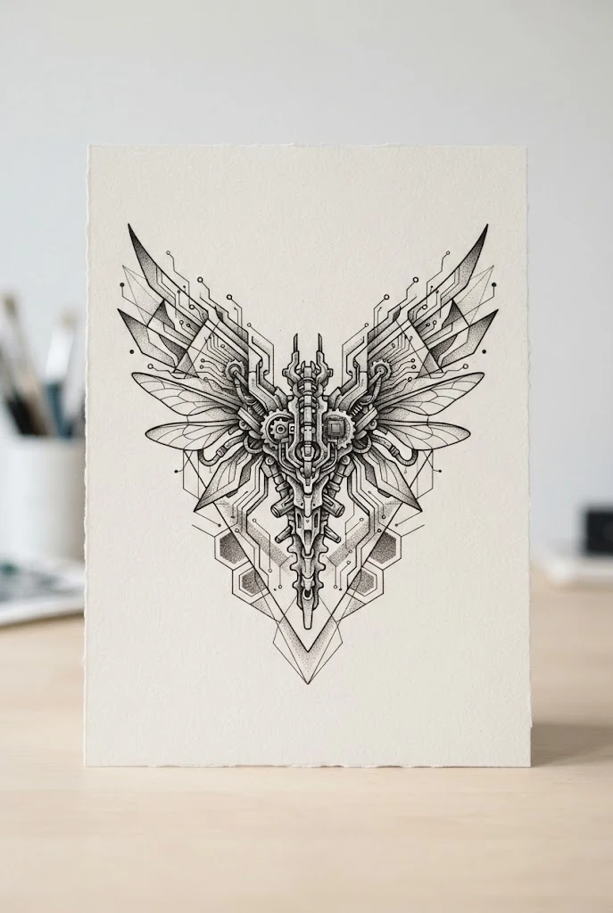 Geometric Cybernetic Wings — male butterfly tattoo style outfit, worn by a stylish man