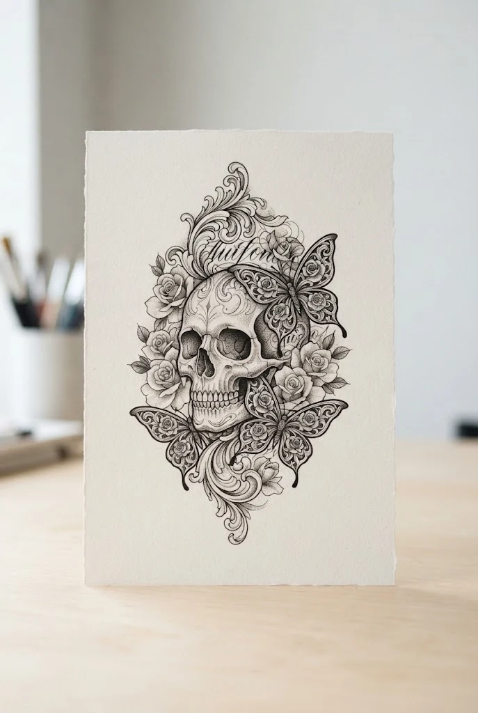 Chicano Black-and-Grey Skull Fusion — male butterfly tattoo style outfit, worn by a stylish man
