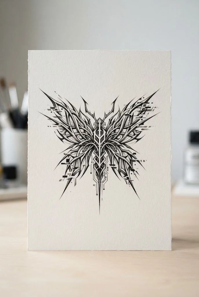 Cyber Sigilism Tribal Hybrid — male butterfly tattoo style outfit, worn by a stylish man