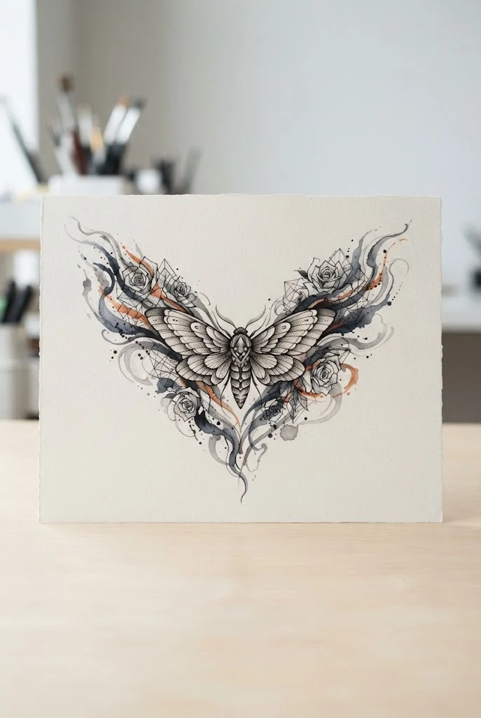 Abstract Watercolor Splash Chest Piece — male butterfly tattoo style outfit, worn by a stylish man
