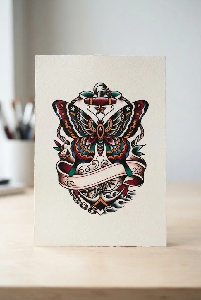 Old School Sailor Banner Piece — male butterfly tattoo style outfit, worn by a stylish man