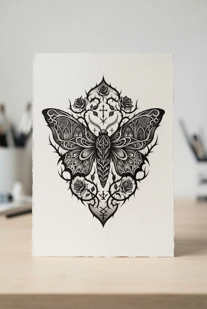 Heavy Blackwork Gothic Moth — male butterfly tattoo style outfit, worn by a stylish man