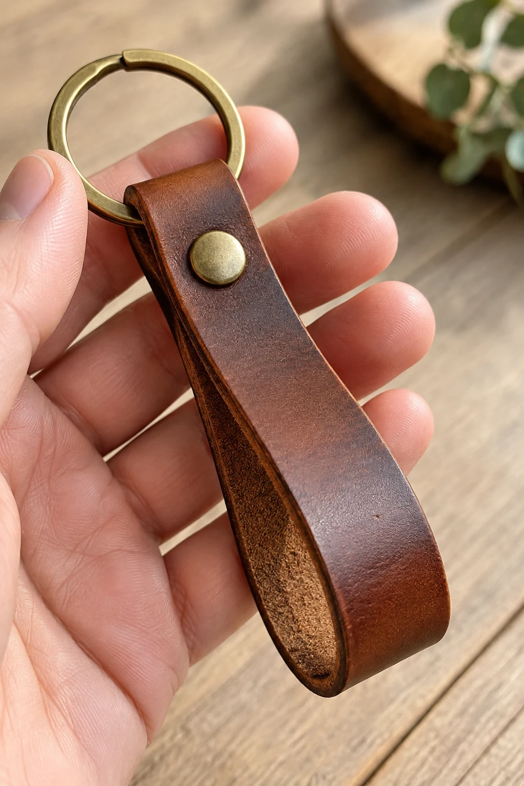 Classic Brown Leather Loop Keychain — mens keychains style outfit, worn by a stylish man
