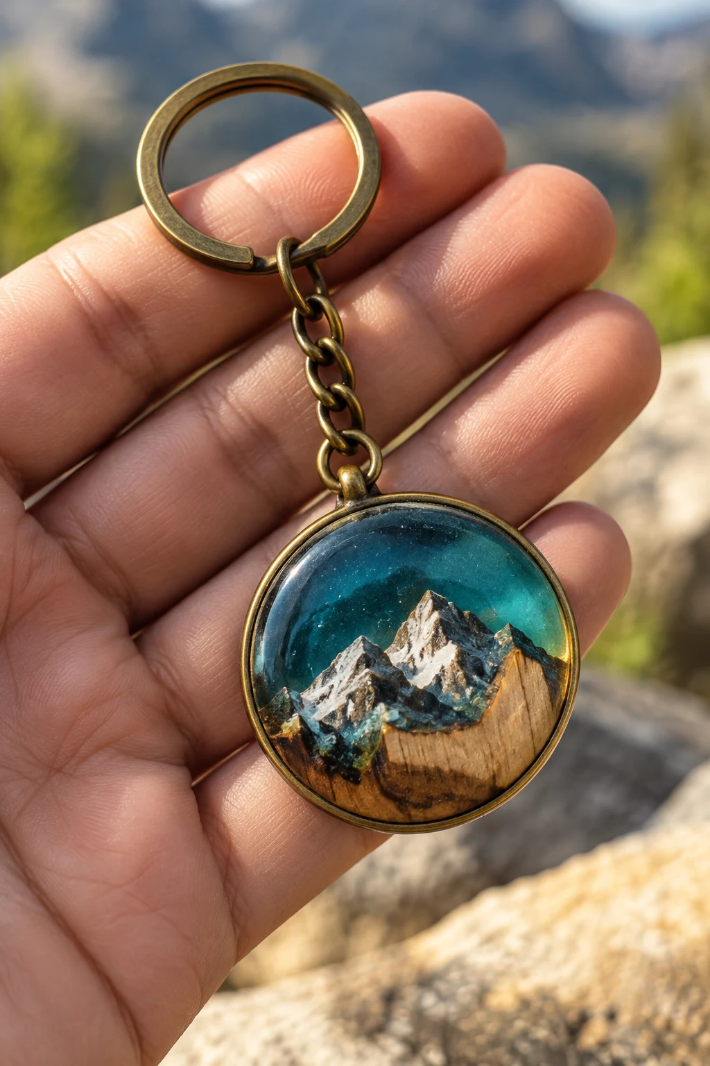 Minimalist Resin Mountain Keychain — mens keychains style outfit, worn by a stylish man