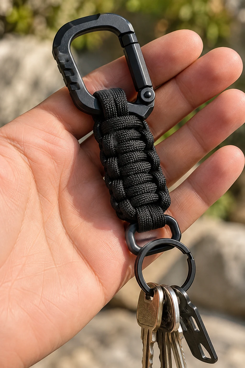 Tactical Black Carabiner Keychain — mens keychains style outfit, worn by a stylish man