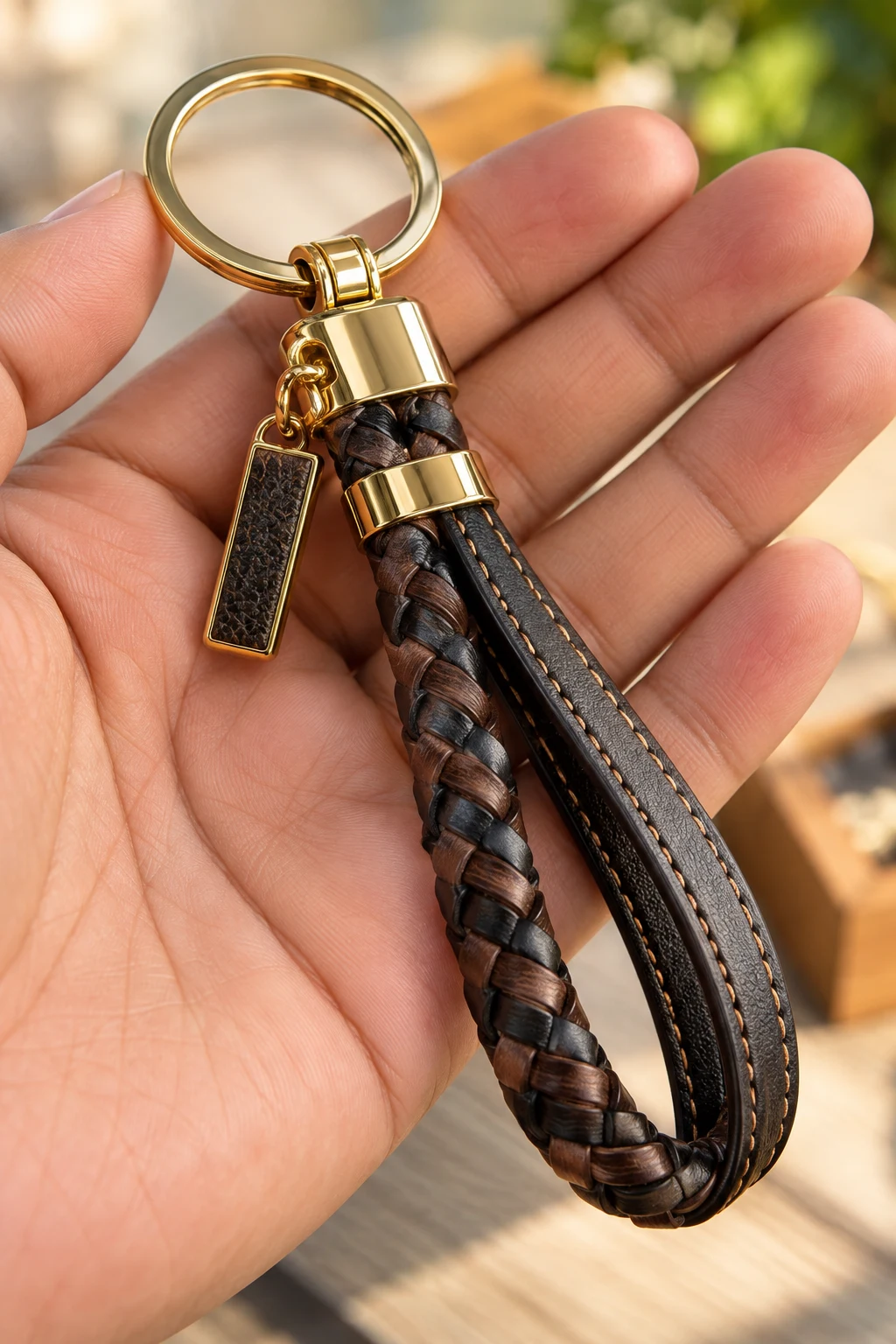 Luxury-Inspired Leather and Gold Keychain — mens keychains style outfit, worn by a stylish man