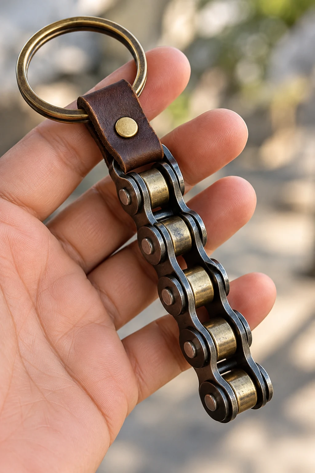 Motorcycle Chain-Inspired Keychain — mens keychains style outfit, worn by a stylish man
