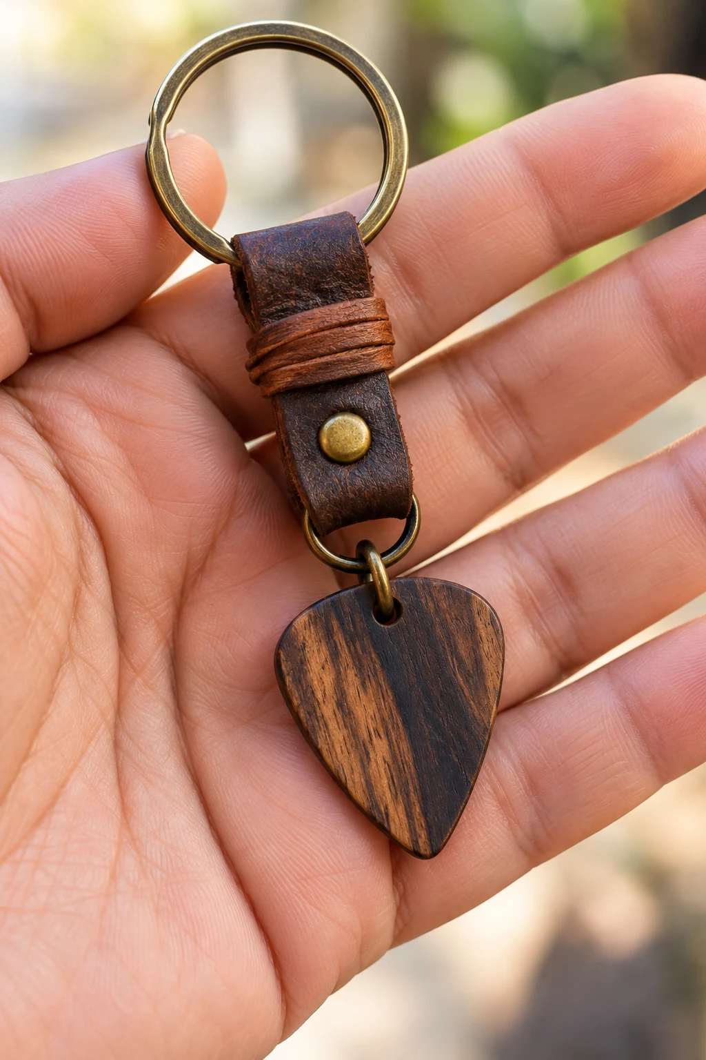 Personalized Guitar Pick Keychain — mens keychains style outfit, worn by a stylish man