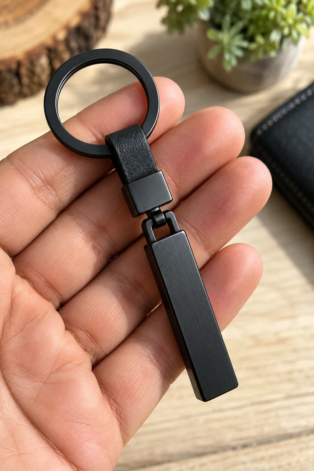 Matte Black Minimalist Metal Keychain — mens keychains style outfit, worn by a stylish man