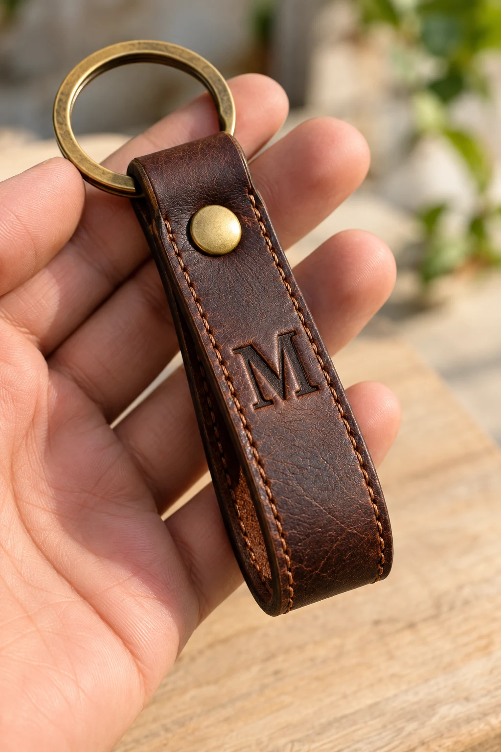 Premium Monogram Leather Keychain — mens keychains style outfit, worn by a stylish man