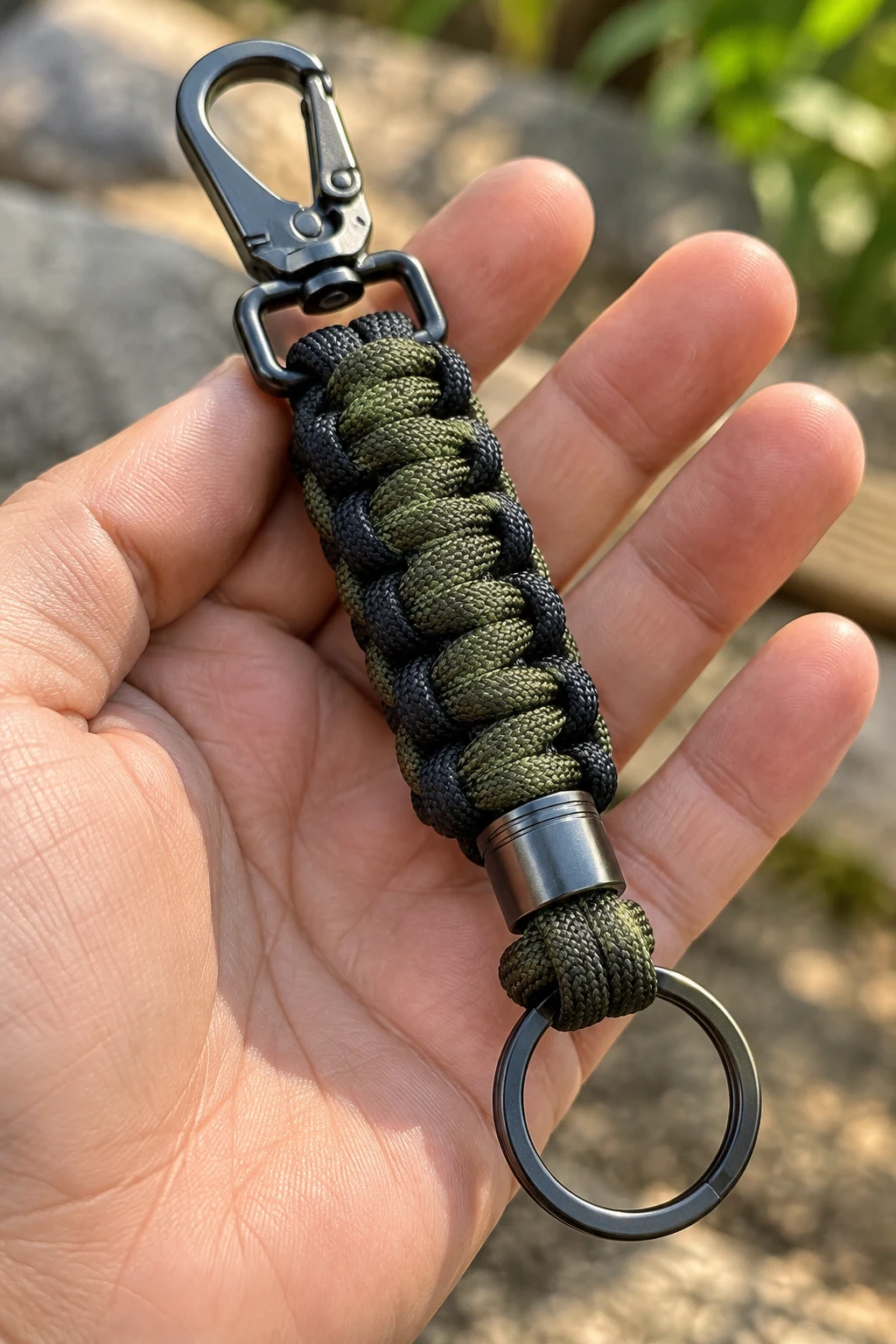 Rugged Paracord Survival Keychain — mens keychains style outfit, worn by a stylish man