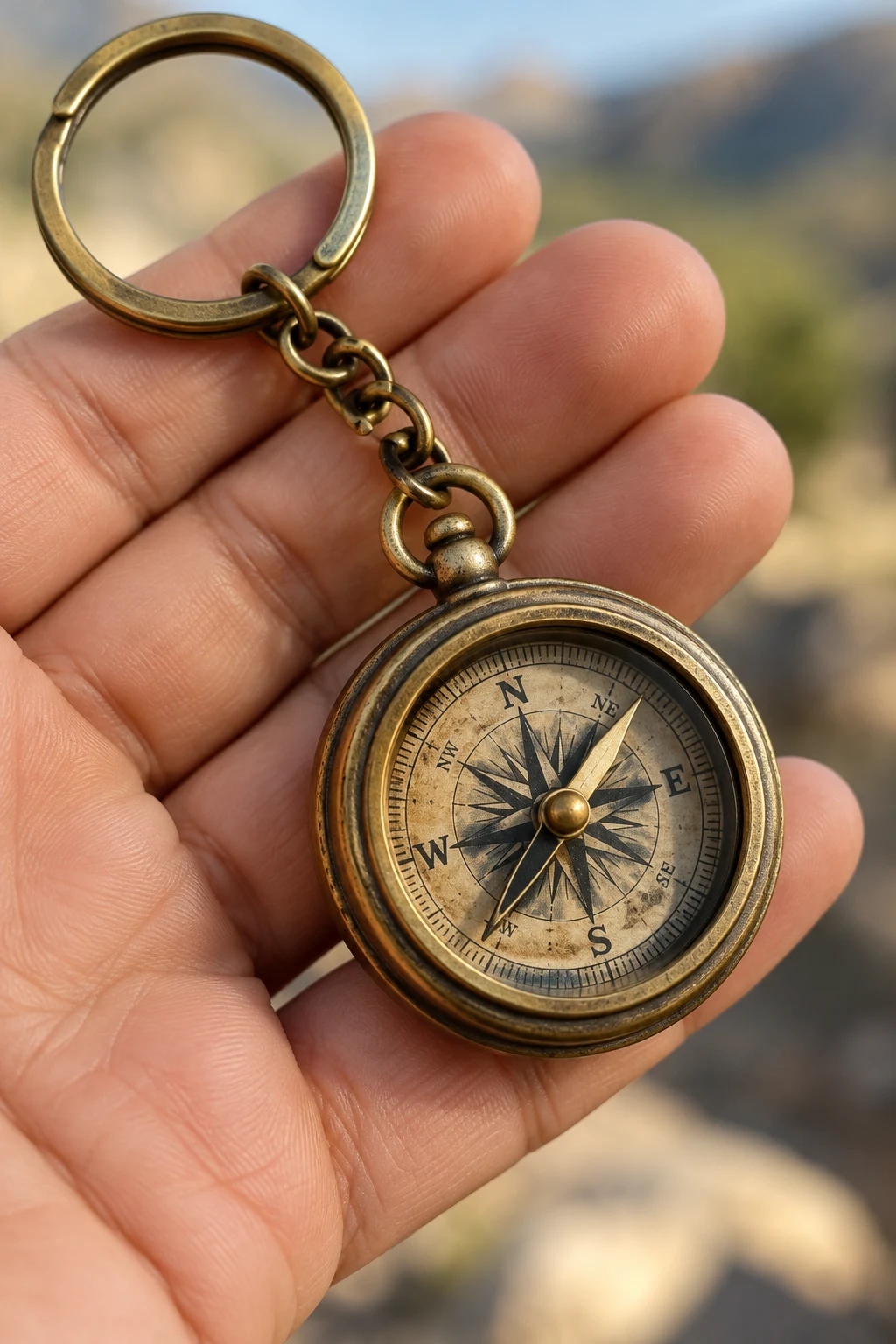 Vintage Brass Compass Keychain — mens keychains style outfit, worn by a stylish man