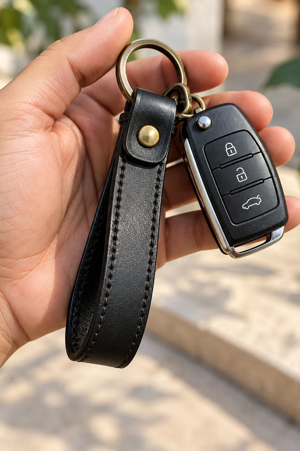 Black Leather Car Key Fob Strap — mens keychains style outfit, worn by a stylish man