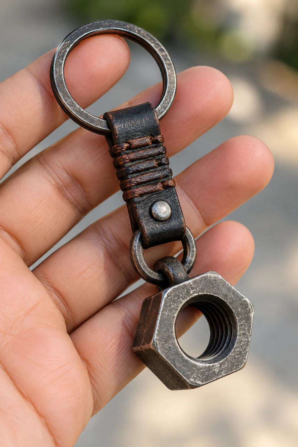 Industrial Hex Nut Keychain — mens keychains style outfit, worn by a stylish man