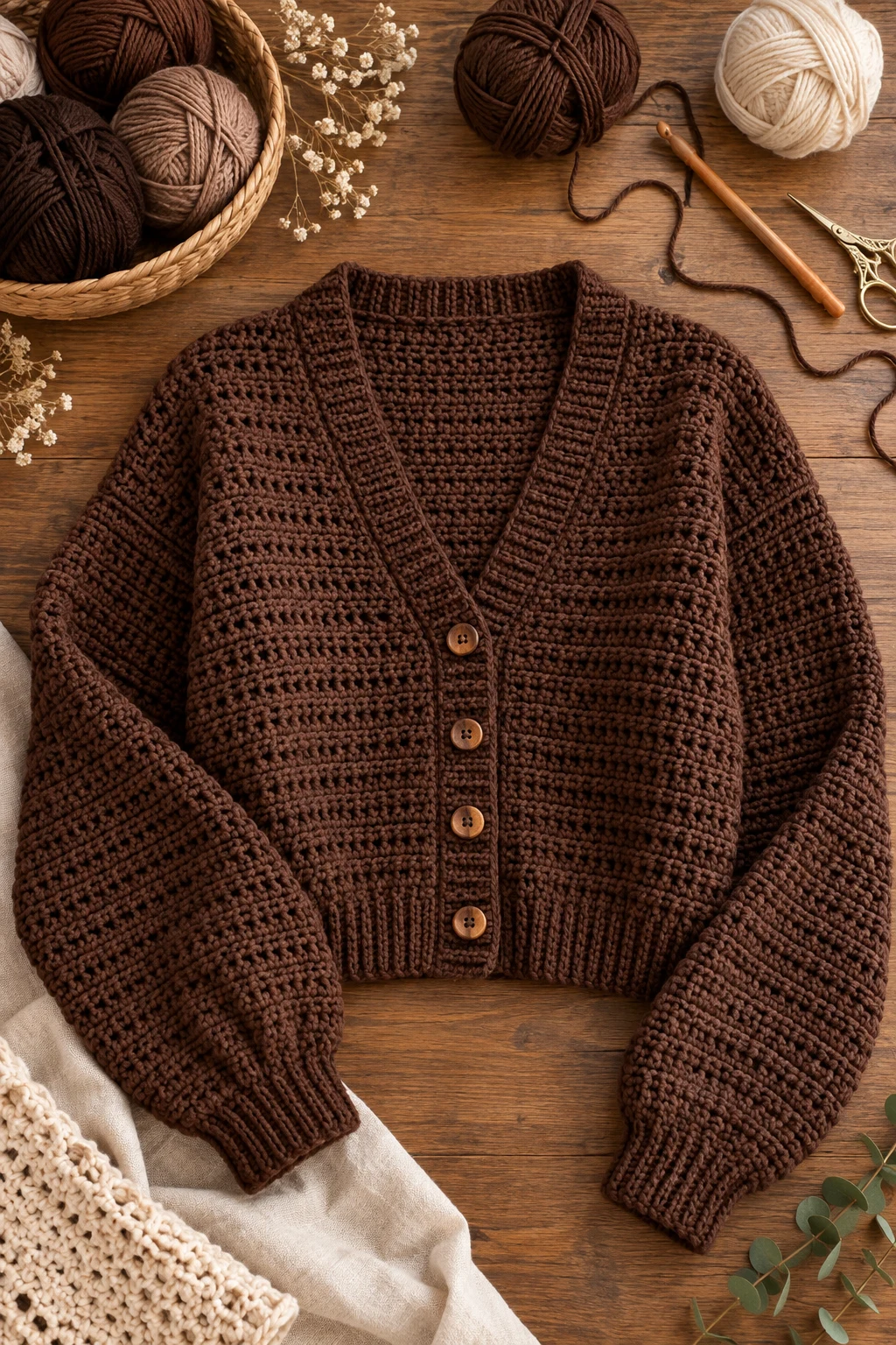 Chocolate Brown Crochet Cardigan — mode crochet style outfit
