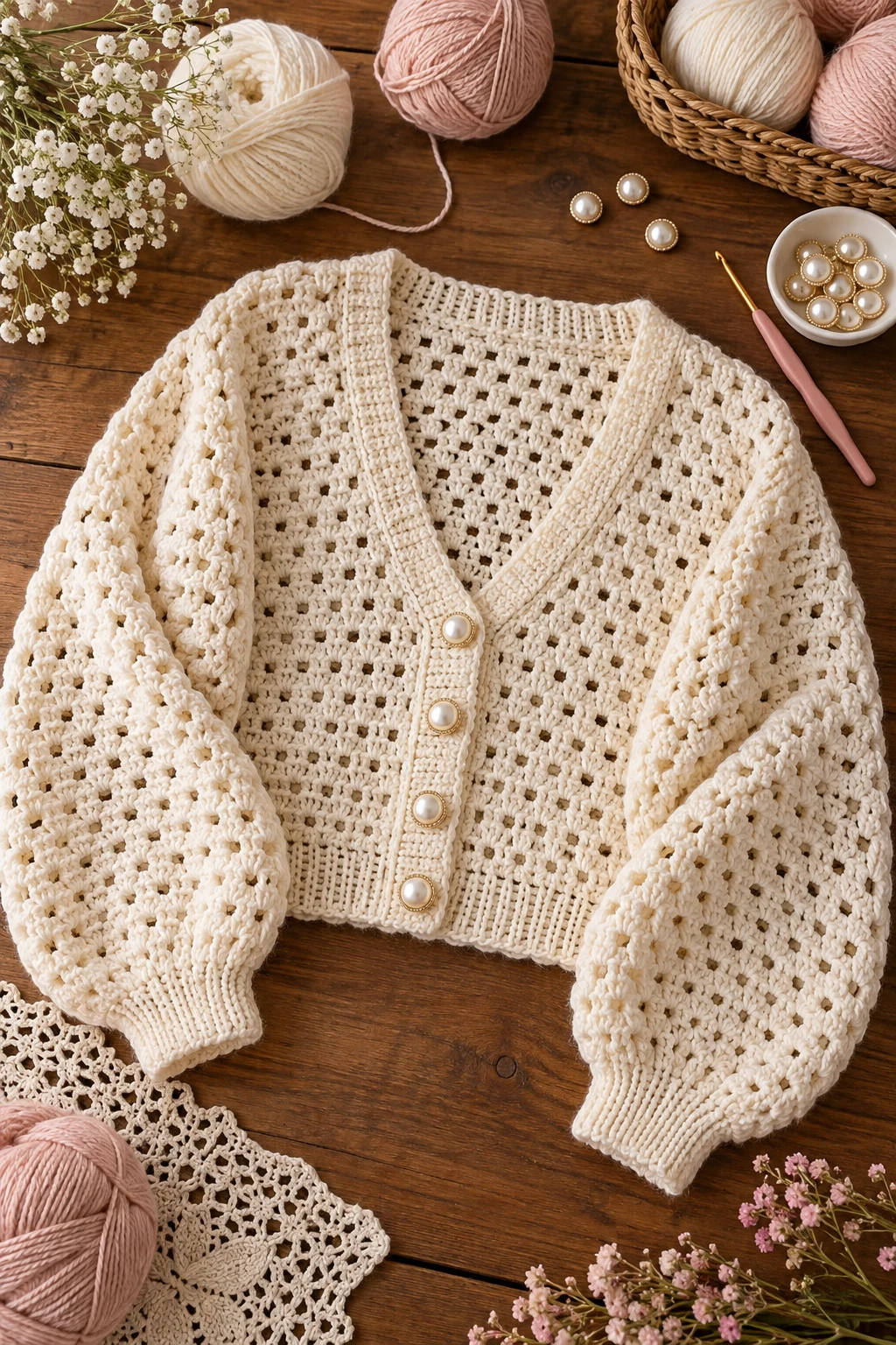 Cropped Crochet Cardigan With Pearl Buttons — mode crochet style outfit