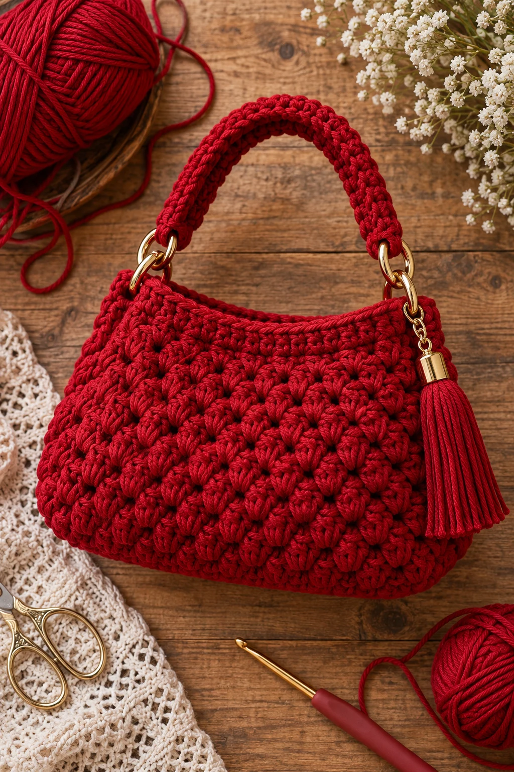 Cherry Red Statement Bag — mode crochet style outfit