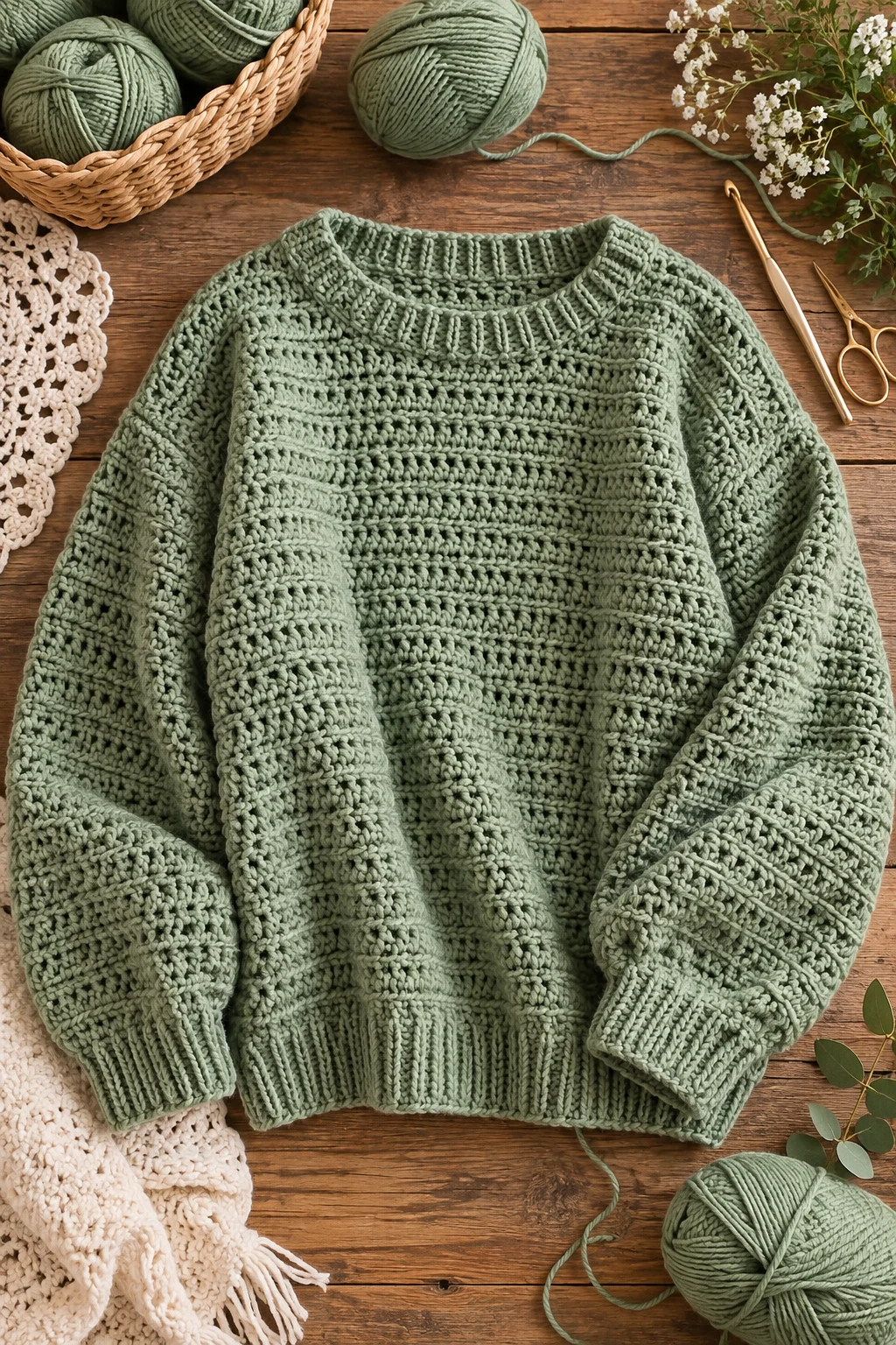 Oversized Sage Green Sweater — mode crochet style outfit