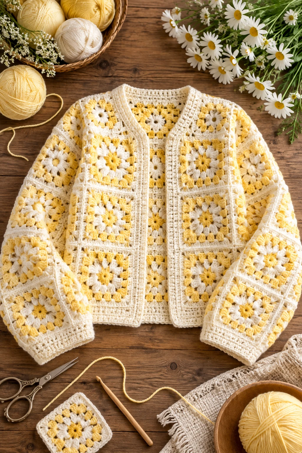 Butter Yellow Granny Square Jacket — mode crochet style outfit