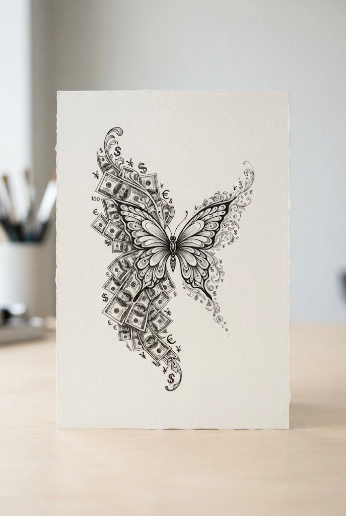 Asymmetrical Wealth Cascade — money butterfly tattoo style outfit