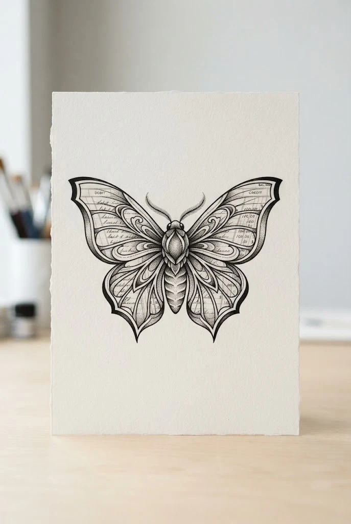 Monochrome Ledger Moth — money butterfly tattoo style outfit