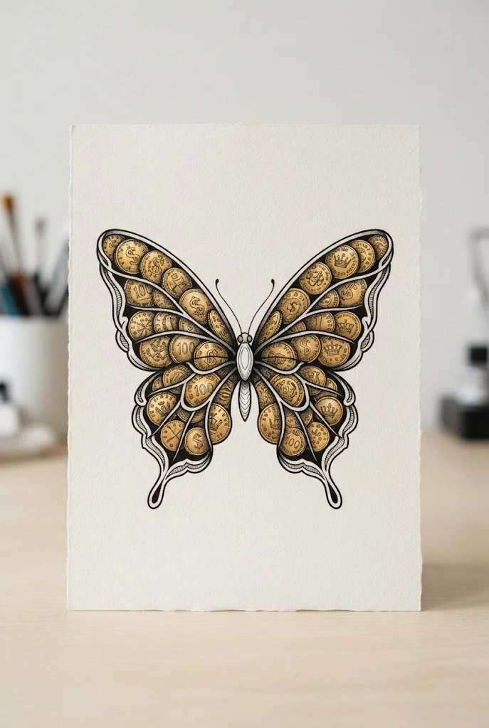 Golden Coin Cluster Wings — money butterfly tattoo style outfit