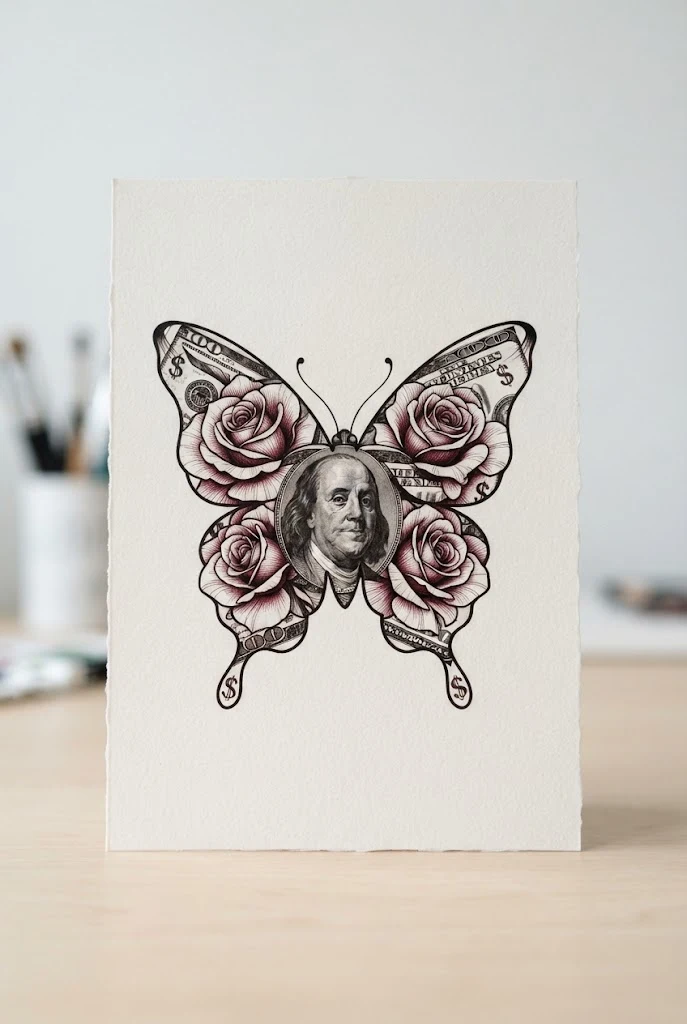 Luxury Rose and Currency Fusion — money butterfly tattoo style outfit