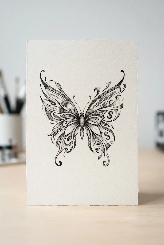 Abstract Wealth Flutter — money butterfly tattoo style outfit