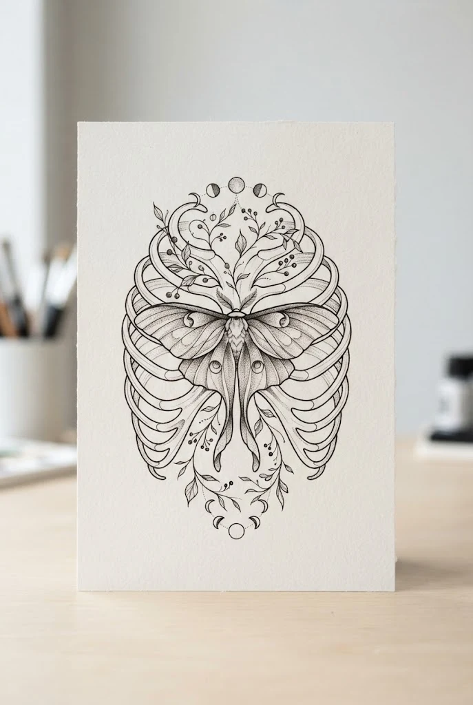 Ribcage Line Art Masterpiece — moon butterfly tattoo style outfit