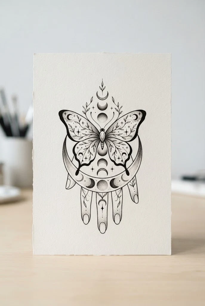Finger and Hand Stencil Art — moon butterfly tattoo style outfit