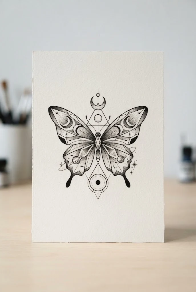 Geometric Celestial Fusion — moon butterfly tattoo style outfit