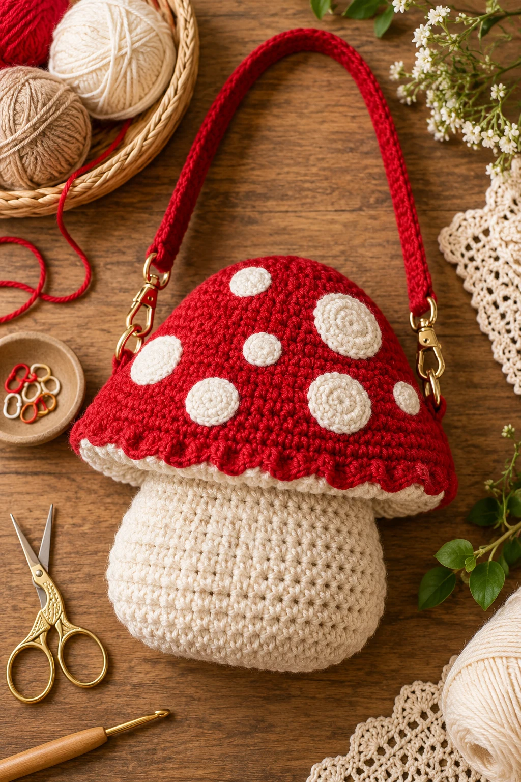 Classic Red-Cap Mushroom Bag — mushroom bag crochet style outfit