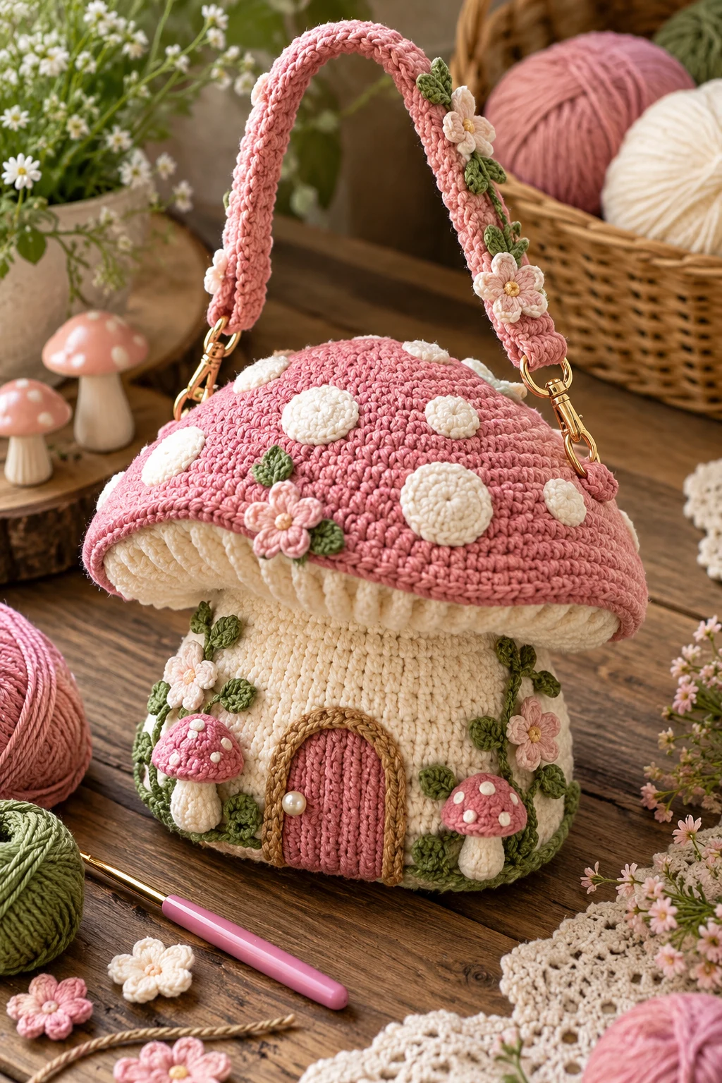 Pink Fairy-Ring Mushroom Bag — mushroom bag crochet style outfit