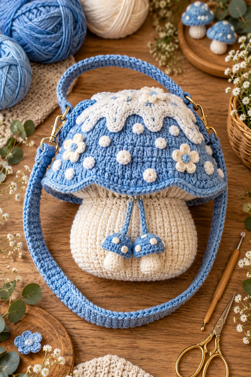 Blue Mushroom Bag With a Frosted-Cap Effect — mushroom bag crochet style outfit